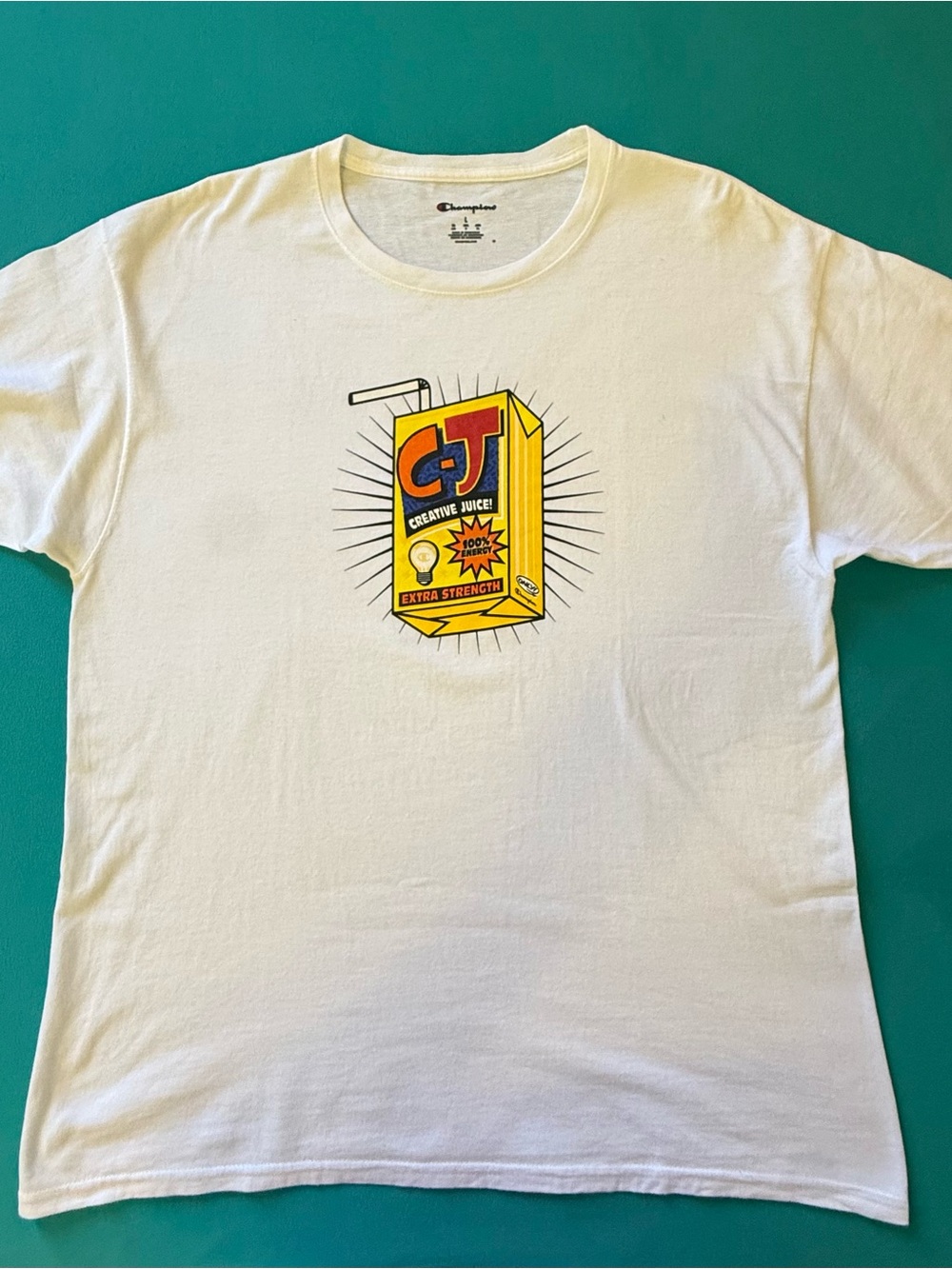 Champion White Tee with Yellow CJ Juice Box Graphic
